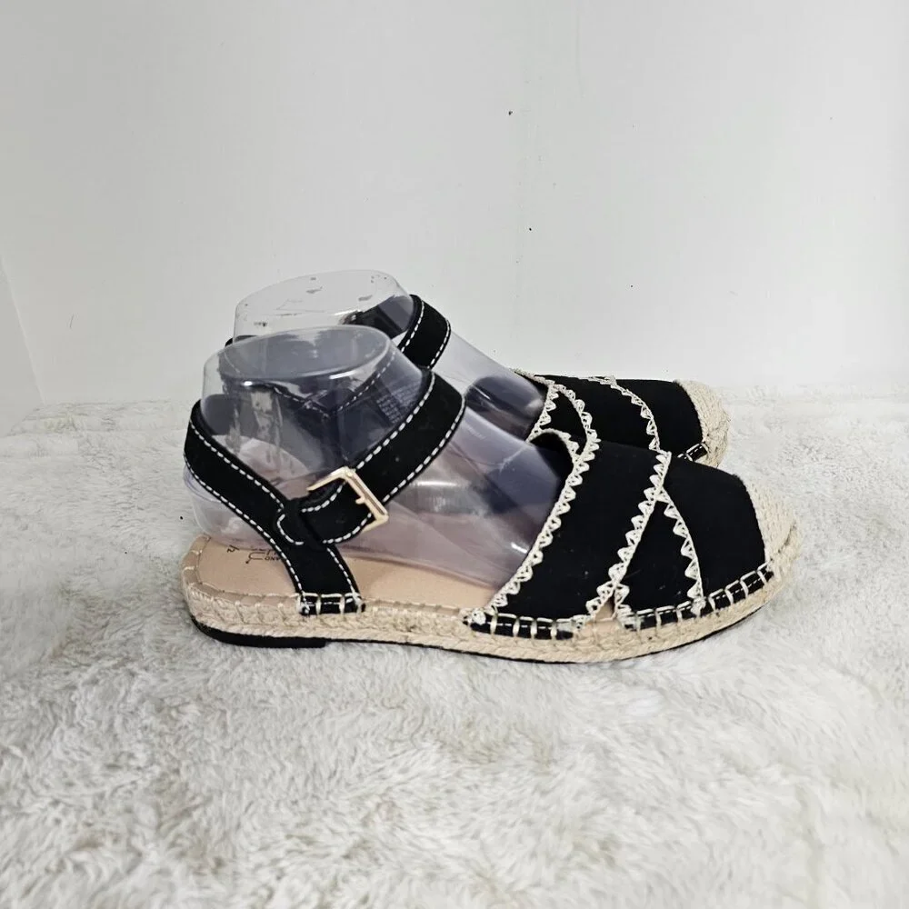 Time and Tru Espadrilles Boho Jute Crochet Black Cream 8.5